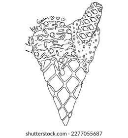 Vector Ice cream for coloring book for adult and kids. Black line Ice cream coloring page.