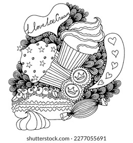 Vector Ice cream for coloring book for adult and kids. Black line Ice cream coloring page.