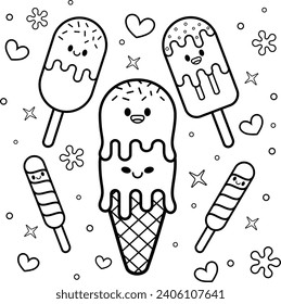 vector ice cream coloring book illustration