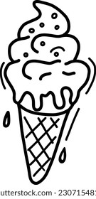 Vector ice cream for coloring books. Cute cartoon illustration of ice cream, hand-drawn. Illustration of a waffle cone. Cute vector black and white illustration of ice cream.
