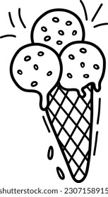 Vector ice cream for coloring books. Cute cartoon illustration of ice cream, hand-drawn. Illustration of a waffle cone. Cute vector black and white illustration of ice cream.