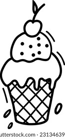 Vector ice cream for coloring books. Cute cartoon illustration of ice cream, hand-drawn. Illustration of a waffle cup with ice cream and a cherry.Cute vector black and white illustration of ice cream.