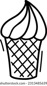 Vector ice cream for coloring books. Cute cartoon illustration of a waffle cup with ice cream, hand-drawn. Cute vector black and white illustration of ice cream.