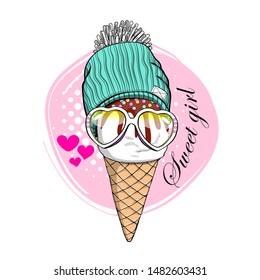 Vector ice cream. Comic funny fashionable girl with glasses and hat. Hand drawn illustration of cartoon ice cream. Print on T-shirts, bags and other fashion products. 