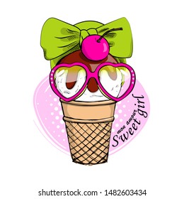 Vector ice cream. Comic funny fashionable girl with glasses and hat. Hand drawn illustration of cartoon ice cream. Print on T-shirts, bags and other fashion products. 