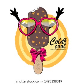 Vector ice cream. Comic funny fashionable animated popsicle with glasses and bow. Hand drawn illustration of cartoon ice cream. Print on T-shirts, bags and other fashion products. 