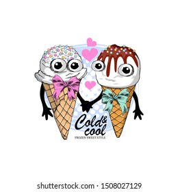 Vector ice cream. Comic and funny sweet couple with bows. Hand drawn illustration of cartoon ice cream with a waffle cups. Print on T-shirts, bags and other fashion products. 