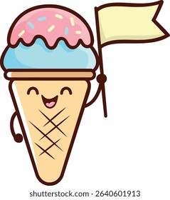Vector Ice Cream Cone Character – Kawaii Style with Flag and Sprinkles