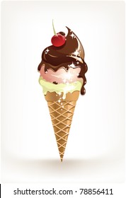 Vector ice cream in a cone with a cherry