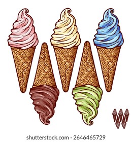 VECTOR ICE CREAM CONE WITH DIFFERENT FLAVOR AND COLOR