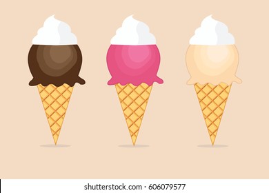 vector ice cream cone have three taste as chocolate, vanilla and strawberry