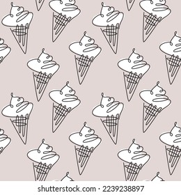 Vector ice cream cone line icon seamless pattern. Trendy linear backdrop. Outline continuous illustration. Wallpaper, background, fabric, textile, print, wrapping paper or package design.