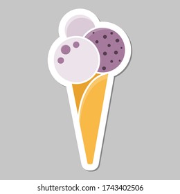 Vector ice cream cone sticker isolated on gray background. Food design elements for the menu, bakery logo, web, postcards, stickers.