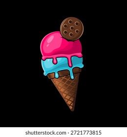 Cono de helado de Vector con dos cucharadas, decorado con galletas. El cono tiene un diseño de patrón de gofre