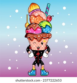 vector ice cream cone with various toppings and wearing anime clothes