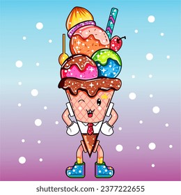 vector ice cream cone with various toppings and wearing anime clothes 2