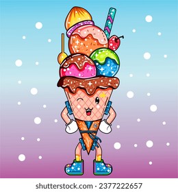 vector ice cream cone with various toppings and wearing anime clothes1