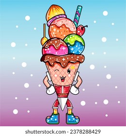 vector ice cream cone with various toppings and wearing santa clothes