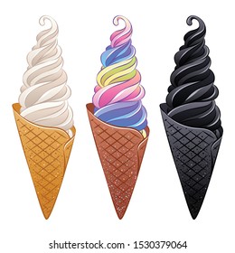 Vector ice cream cones in cartoon style - classic cream, colorful and black.