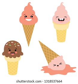 Vector Ice Cream Cones with Faces Illustrations. Perfect for scrapbooking, kids, stationery, parties, clothing, and home decor projects.