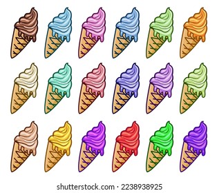 vector ice cream cones isolated on white background. variety of colorful icecream cones drawing with vanilla, fruit and chocolate ice-cream.