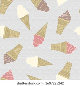 Vector Ice Cream Cones on Gray Background Seamless Repeat Pattern. Background for textiles, cards, manufacturing, wallpapers, print, gift wrap and scrapbooking.