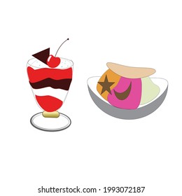 vector, ice cream in cup, chocolate  with cherries and banana on top