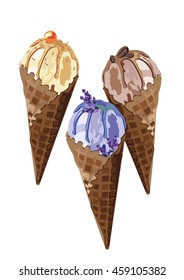 Vector Ice cream delicious cones Isolated on white background. Caramel chocolate and lavender ice cream