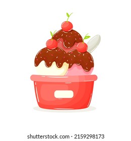 Vector ice cream, with different flavors, in a plastic cup, with chocolate and cherries, on a white background