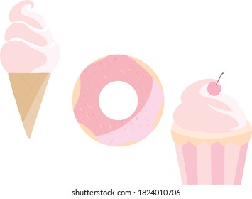 vector ice cream, donut, cupcake, pink desserts