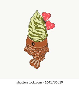 Vector of an ice cream with a fish-shaped cone, typical dessert in Japan. Taiyaki.