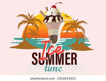 vector ice cream gelato view coconut trees island sand sea sunset birds cloudy summer time beach view silhouette bowl ice cream glass cherry chocolate delicious