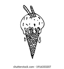 Vector Ice cream with glazed, waffles tubules and smudges isolated on the white background for menu cafe, bar, children food, restaurant