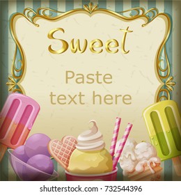 vector, Ice cream and gold frame vintage style background