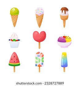 Vector ice cream icon set. Different types of summer cold desserts isolated on white background. Colorful illustrations 