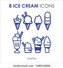 Vector ice cream icons thick blue outline.