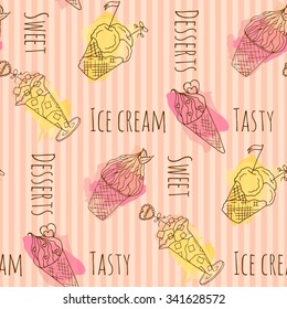 Vector ice cream illustration. Seamless pattern with hand drawn ice creams with colorful splashes. Cold dessert with chocolate and berries in doodle style. 