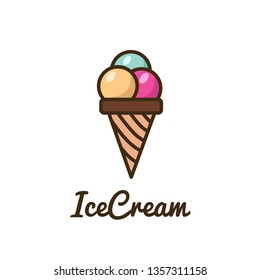 Vector ice cream logo with balls in waffle cone. Cute and tasty ice cream logotype for shop, cafe, bar or banner.