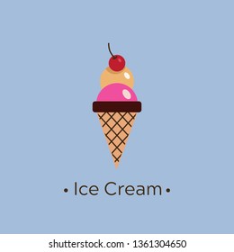 Vector ice cream logo. Flat ice cream balls in waffle cone for simple logotype