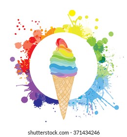 Vector ice cream logo. Multicolor rainbow. Paint splashes splatters abstract colorful circle vector background.