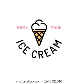 Vector ice cream logo template. Sweet dessert in waffle cone logotype background.  Candy concept for cafe, cafeteria, restaurant, stall. Line street food symbol illustration