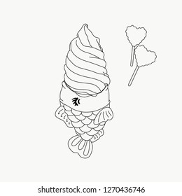 Vector of an ice cream with lollipops and decoration candies and a fish cracker to line to paint