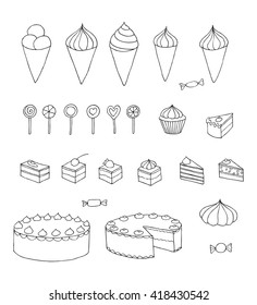 Vector ice cream, lolly pop, cake, sweets illustration.