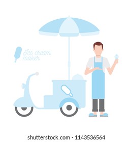 Vector ice cream maker with a cart. Isolated on white background