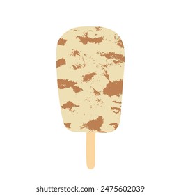 Vector ice cream on a stick illustration. Vanilla popsicle with chocolate or salted caramel swirls isolated on white background. Summer frozen dessert in modern flat style with hand drawn texture