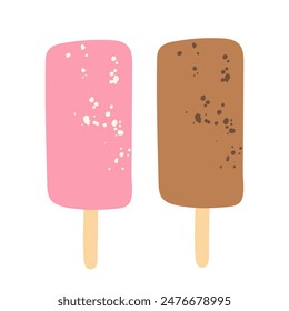 Vector helado en juego de palos. Paletas de frutas y chocolate aisladas sobre fondo blanco. Bonito postre helado de verano en estilo plano moderno con textura dibujada a mano para el embalaje, menú, impresión, decoración