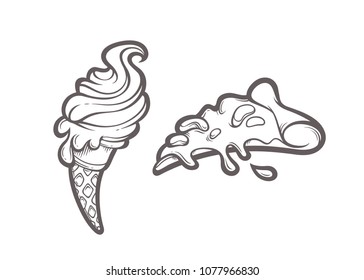 Vector ice cream and pizza slice isolated on white. Hand drawn contour illustration of cartoon fast food objects.