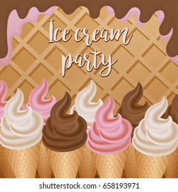 Vector ice cream poster. Ice cream party. Summer sweets. Vector Waffles