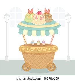 Vector ice cream push cart on street background.Pastel color in blue and cute style.