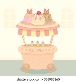 Vector ice cream push cart on street background.Pastel color in pink and cute style.